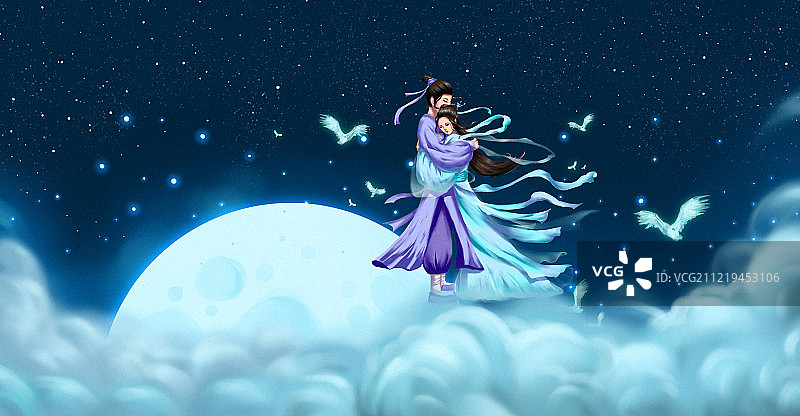 七夕中国风牛郎织女相拥插画图片素材