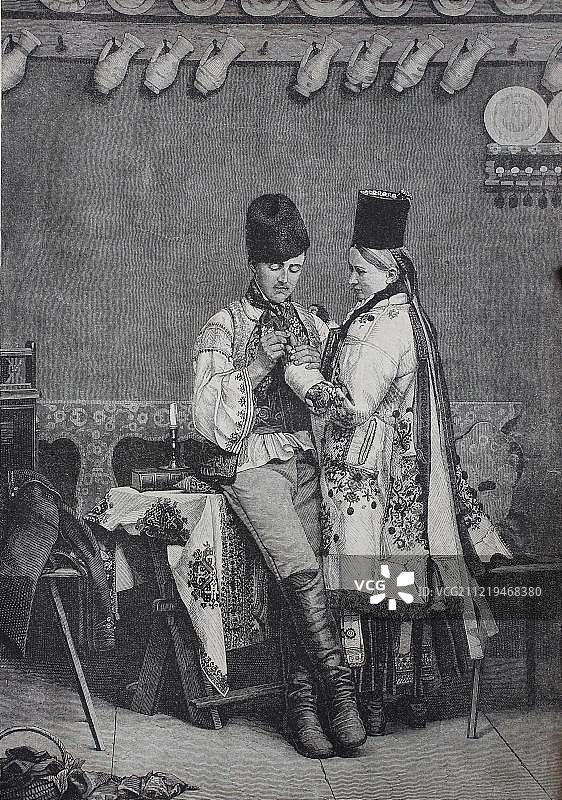 身着传统服饰的萨克森新婚夫妇，德国萨克森，1865年，历史插图，德国，欧洲图片素材