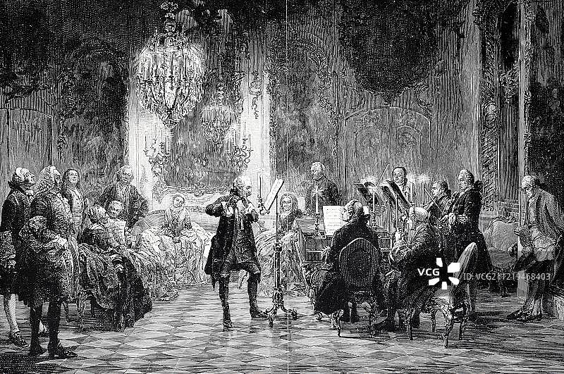 腓特烈大帝在波茨坦无忧宫举办的傍晚音乐会，1879年历史木刻版画，德国图片素材