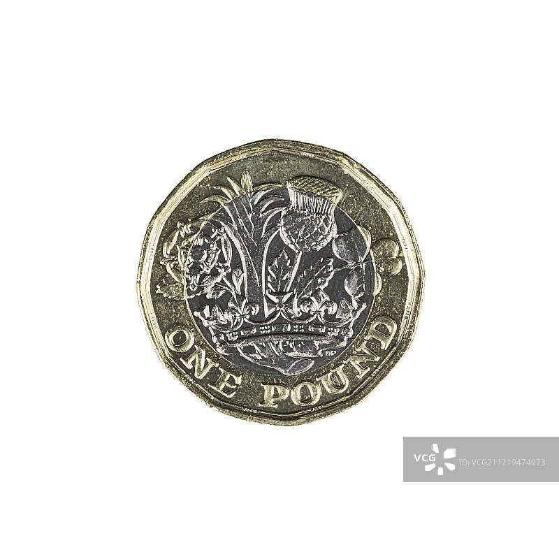 带有英格兰、苏格兰、威尔士和北爱尔兰四个国家象征的英国一英镑硬币图片素材