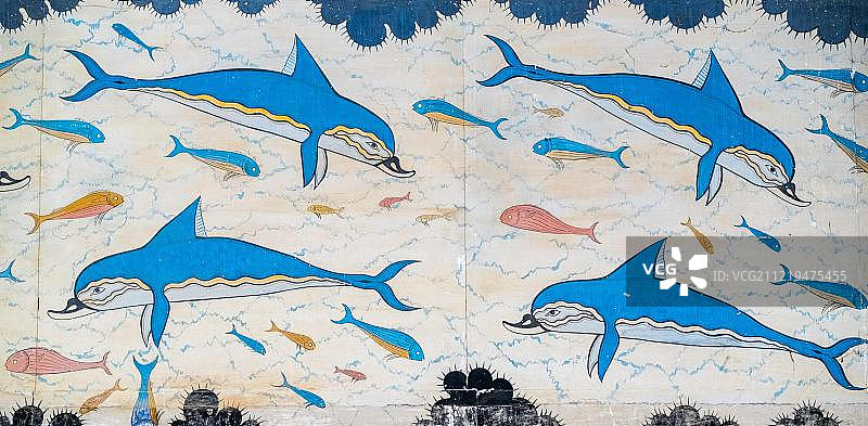 克里特岛米诺斯文明遗址：海豚壁画修复图片素材