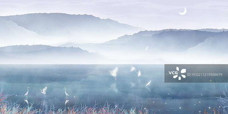 夏天云雾弥漫的平静湖泊飞来几只水鸟，月亮挂着山峰上中国风插画图片素材