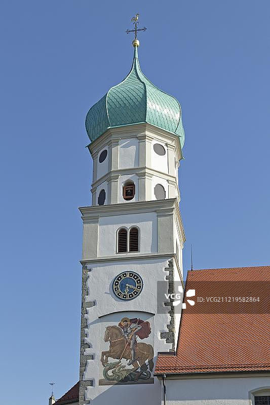 尖塔，圣格奥尔格教堂，护城河城堡，博登湖，巴伐利亚，德国，欧洲图片素材