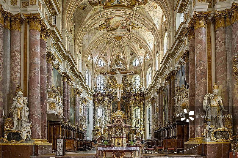 圣坛，巴洛克式玛利亚升天修道院教堂，圣玛丽，内部，菲尔斯滕费尔德修道院，菲尔斯滕费尔德布鲁克，上巴伐利亚，巴伐利亚，德国，欧洲图片素材
