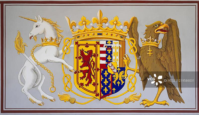 斯图亚特王朝的皇家徽章，包括独角兽和鹰，斯特灵城堡，苏格兰，英国，欧洲图片素材