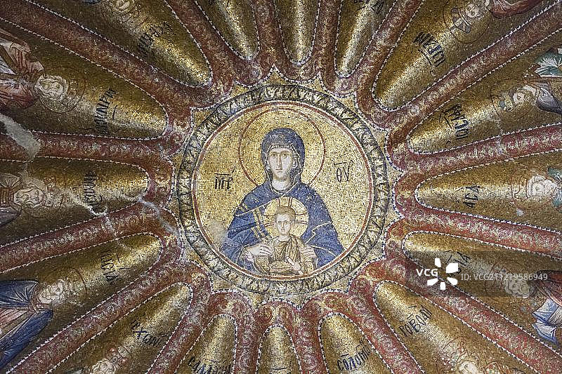 科拉教堂内殿北穹顶的圣母与儿童马赛克，土耳其伊斯坦布尔科拉教堂博物馆，亚洲图片素材