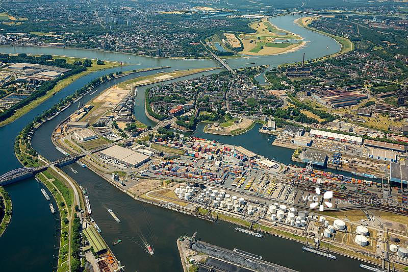 杜伊斯堡港股份公司,杜伊斯堡港,墨卡托岛,内河航运,物流,莱茵河,杜伊斯堡,鲁尔区,北莱茵-威斯特法伦州,德国,欧洲图片素材