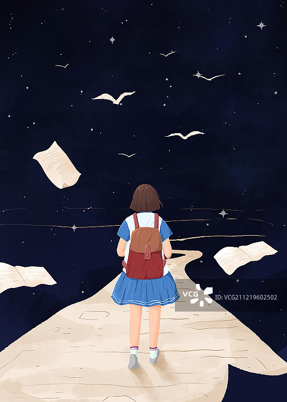 女生高考路上插画夜空图片素材
