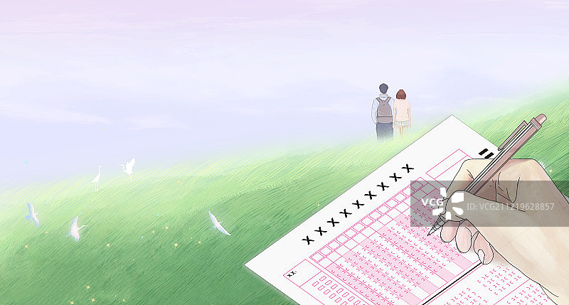 高考的考试中正在答题卡上填写答案的手，考生牵手在山坡上许志愿图片素材