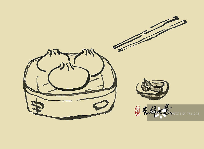 国画写意小品 中华传统美食之包子图片素材