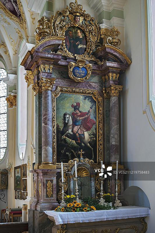 带有圣乔治画像的侧面祭坛，维尔帕廷朝圣教堂，圣马里努斯和阿尼安，伊尔申贝格，上巴伐利亚，德国，欧洲图片素材