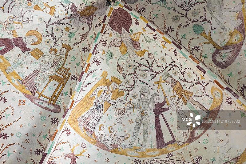 教堂天花板拱顶的壁画和壁画，1450年，埃尔梅伦德，默恩，丹麦，欧洲图片素材