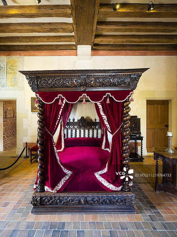 卧室，达芬奇博物馆，克洛斯·吕斯城堡，昂布瓦兹，安德尔-卢瓦尔省，卢瓦尔河谷，中央大区，法国，欧洲图片素材