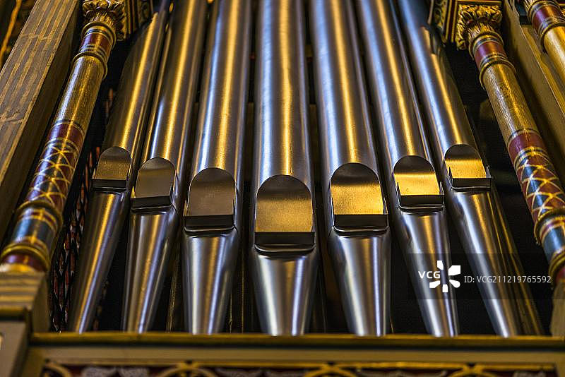 管风琴管，特写，西班牙犹太教堂，内部照片，约瑟夫，犹太区，布拉格，波西米亚，捷克共和国，欧洲图片素材