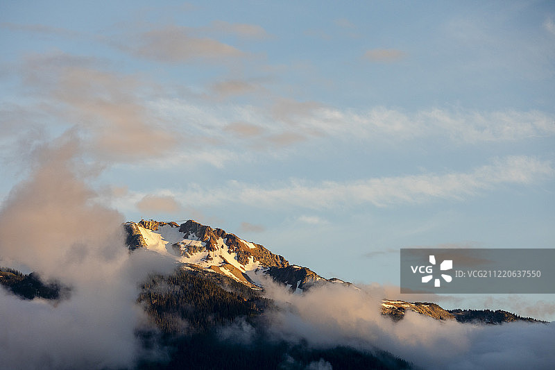 惠斯勒山峰：落日余晖下的山谷与吊桥，加拿大不列颠哥伦比亚省惠斯勒图片素材