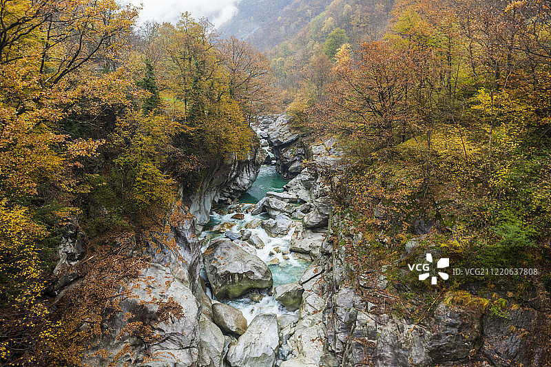 瑞士提契诺州科里波桥的韦尔扎斯卡河秋景图片素材
