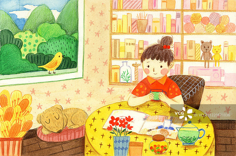 正在喝茶看书的女孩图片素材