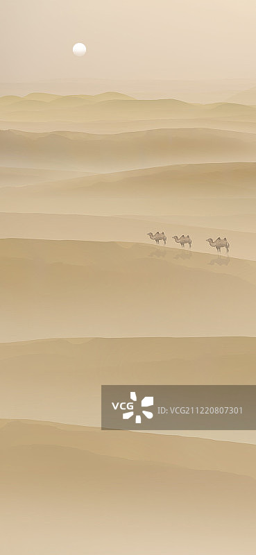 炎热夏天太阳照耀整片天空，骆驼商队在干旱沙漠走动插画背景图片素材