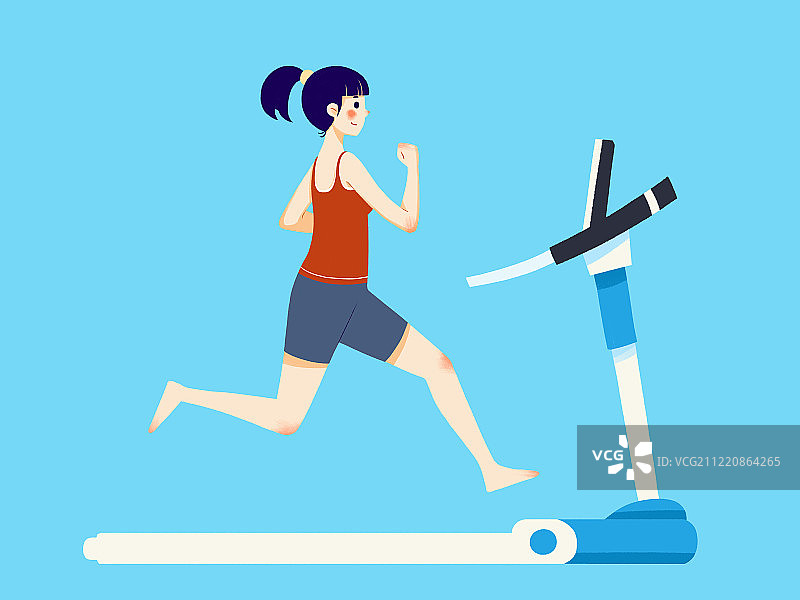 一个年轻女孩在跑步机上跑步的素材图片素材