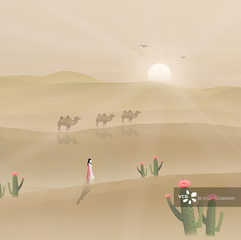 炎热夏天太阳照耀整片天空，古装少女和骆驼商队在沙漠里寻找水源图片素材