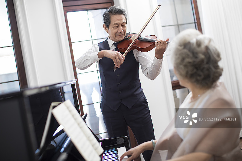老年贵族夫妇共同演奏乐器图片素材