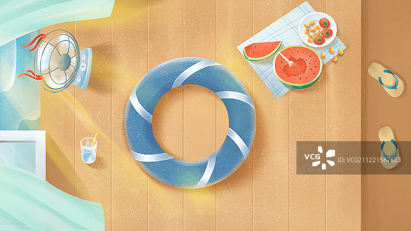 炎热的夏季在海滩边的室内的地板上吃西瓜图片素材