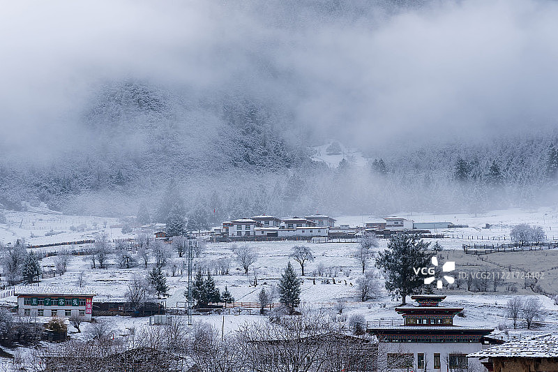 林芝鲁朗小镇雪景图片素材
