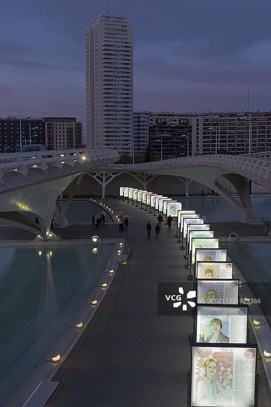 艺术科学城蒙托利维特桥夜景，建筑师圣地亚哥·卡拉特拉瓦，巴伦西亚，西班牙图片素材