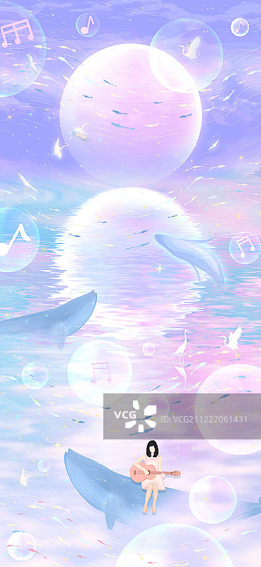 夏天少女坐在蓝鲸背上弹吉他，鱼群随着音乐在身侧跳舞超现实插画图片素材