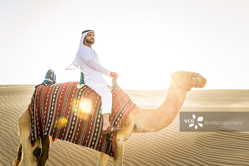 沙漠中与骆驼同行的阿拉伯男人图片素材