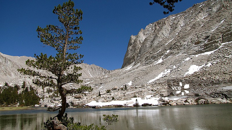 雪山映衬下的宁静湖泊风光图片素材