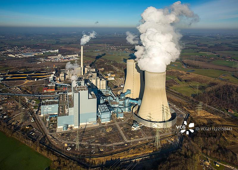 韦尔弗的Kraftwerk Westfalen煤电厂航拍，原THTR哈姆-Uentrop核电站图片素材