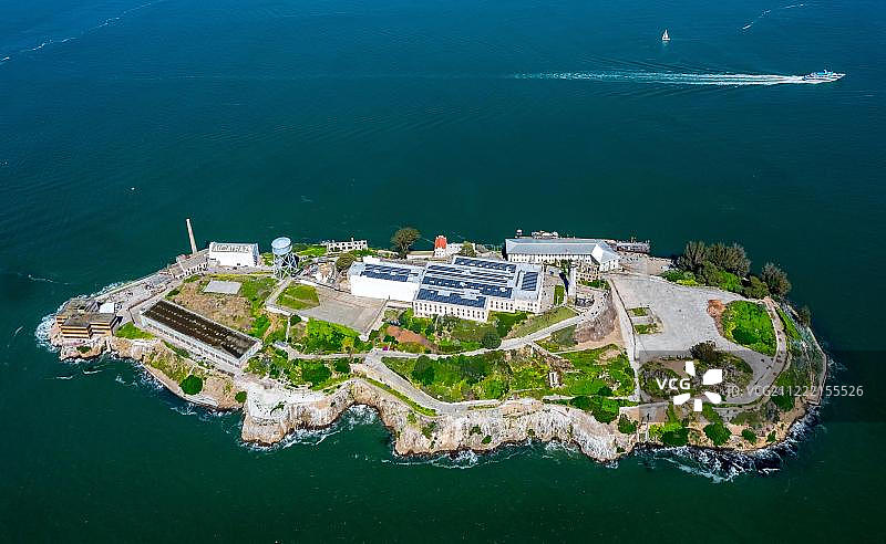 恶魔岛监狱岛航拍，美国加利福尼亚州旧金山图片素材