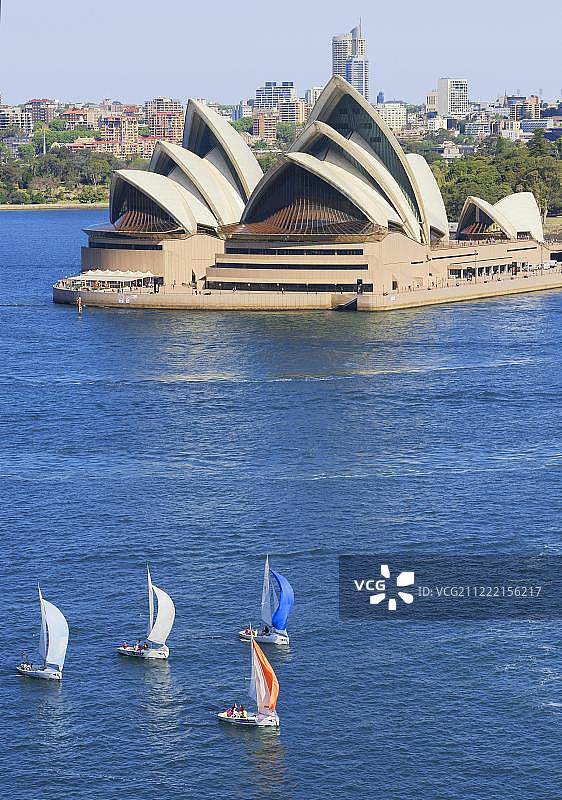 悉尼歌剧院前的帆船，澳大利亚新南威尔士州图片素材