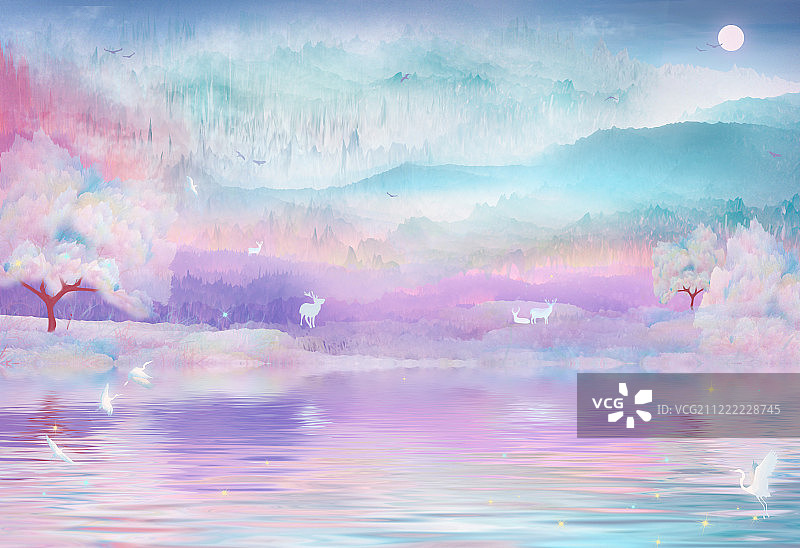 夏天夜晚月亮照耀森林，山脚下梅花鹿在湖边休息中国风插画背景海图片素材