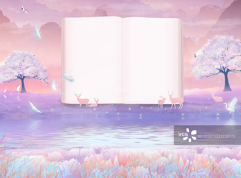 一本摊开空白的书本耸立森林里，小鸟和鹿群倒映在湖水面上插画图片素材
