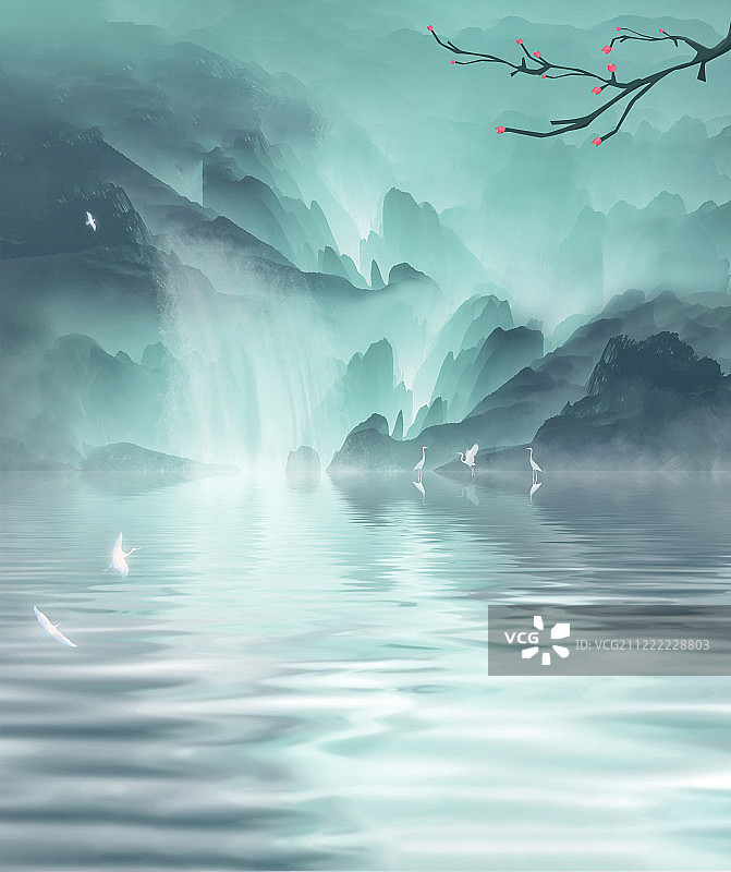 夏天森林间小瀑布流入到河流中，几只小鸟在岸边捕鱼中国风插画图片素材