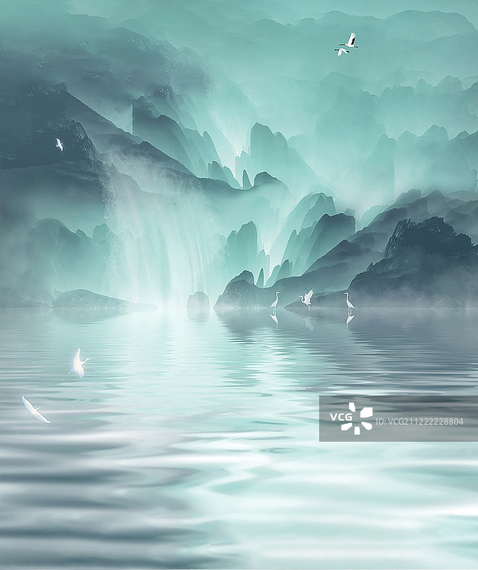 夏天森林间小瀑布流入到河流中，几只小鸟在岸边捕鱼中国风插画图片素材