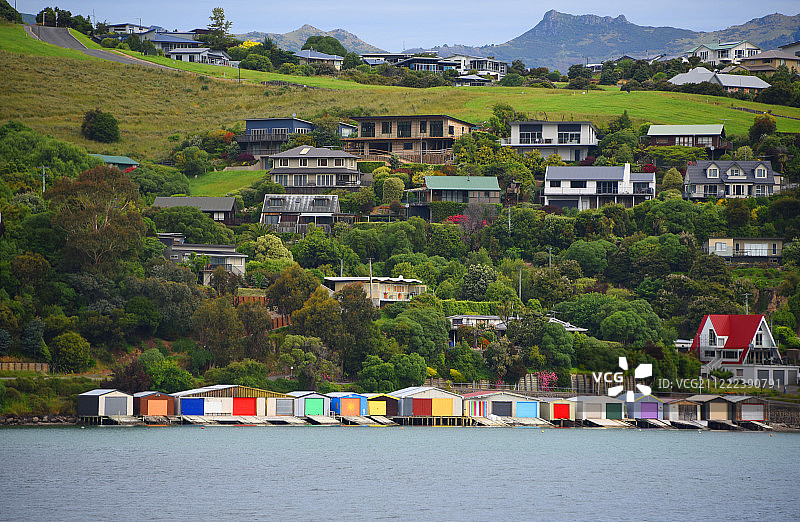 新西兰阿卡罗阿彩色船屋景色图片素材
