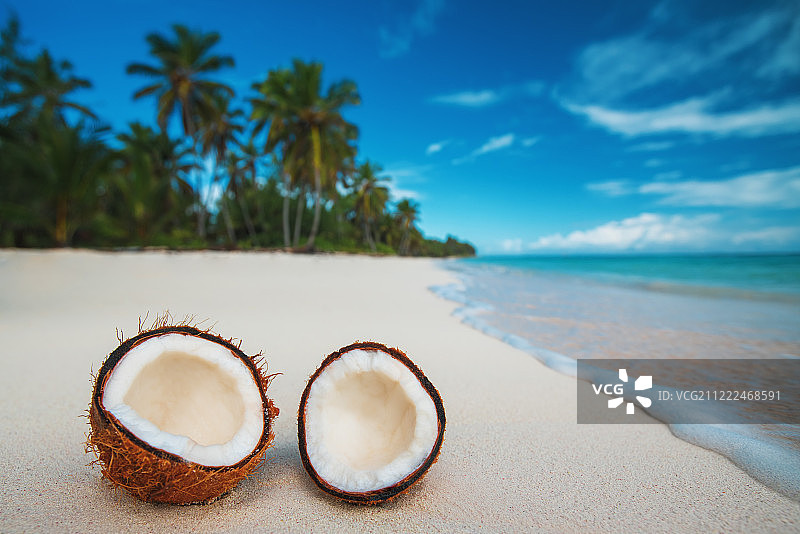 热带沙滩上海边的两半椰子图片素材