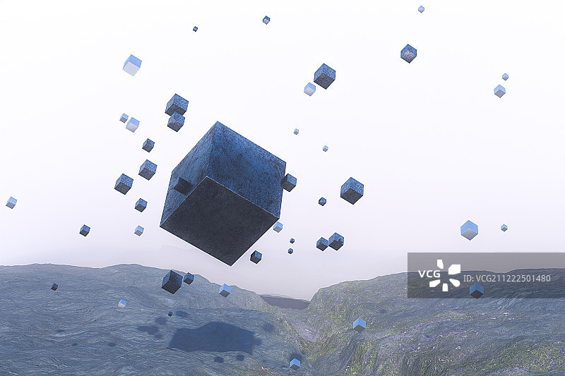 野外空中漂浮的金属方块图片素材