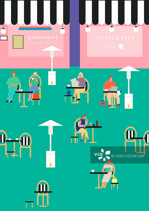 生活方式：咖啡馆，咖啡，远程办公，春天，桌子，自助餐厅，露天咖啡馆，草坪图片素材