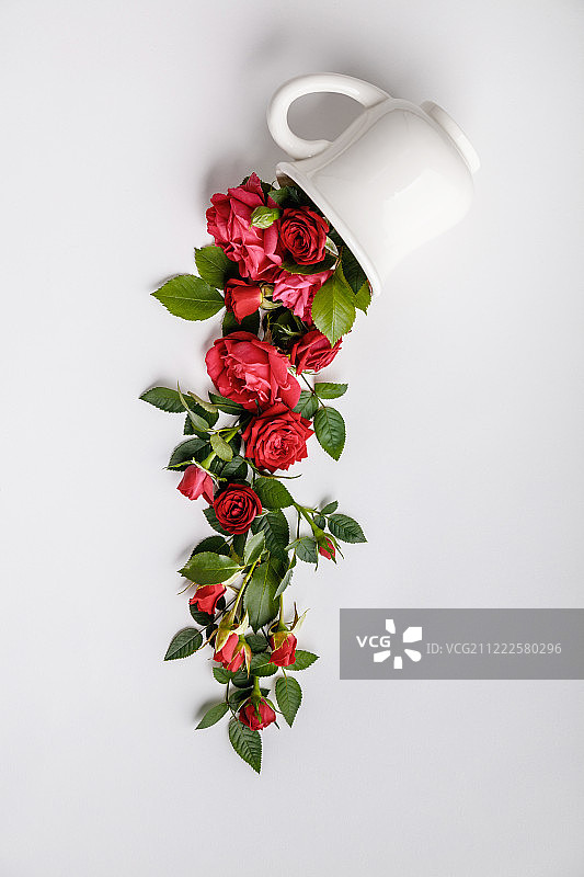 咖啡或茶杯与红色玫瑰创意布局图片素材