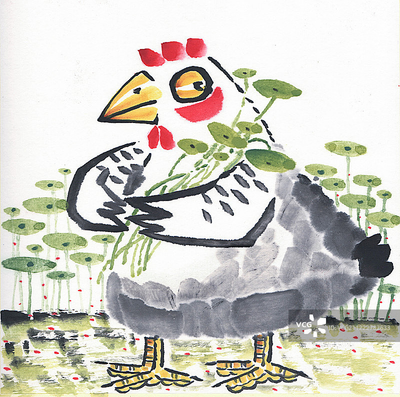 水墨画-抱着铜钱草的母鸡图片素材