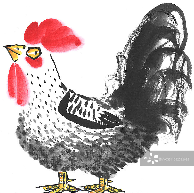 水墨画-抬头上的公鸡图片素材