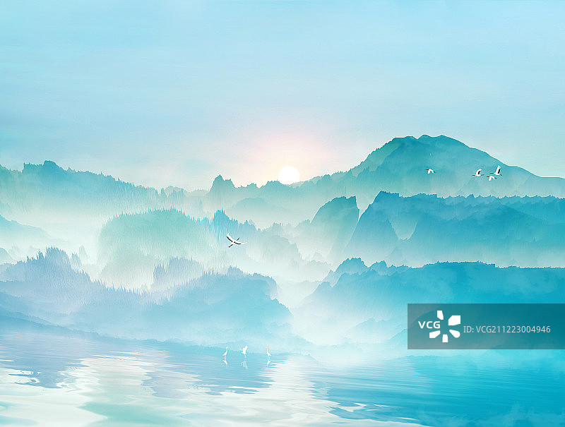 清晨森林里的日出和湍急的河流插画背景海报图片素材