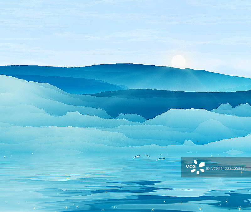 早晨太阳升起，阳光照耀在北冰洋附近的浮冰海域上插画背景海报图片素材