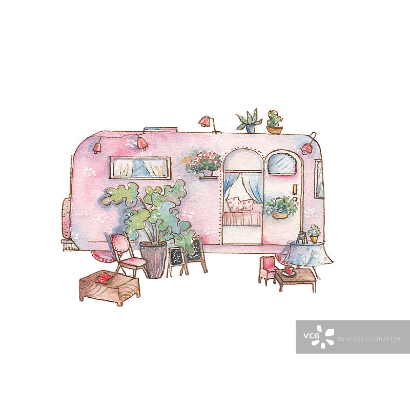 水彩手绘卡通童趣清新粉色马克龙改造复古房车餐车旅行车商铺家图片素材