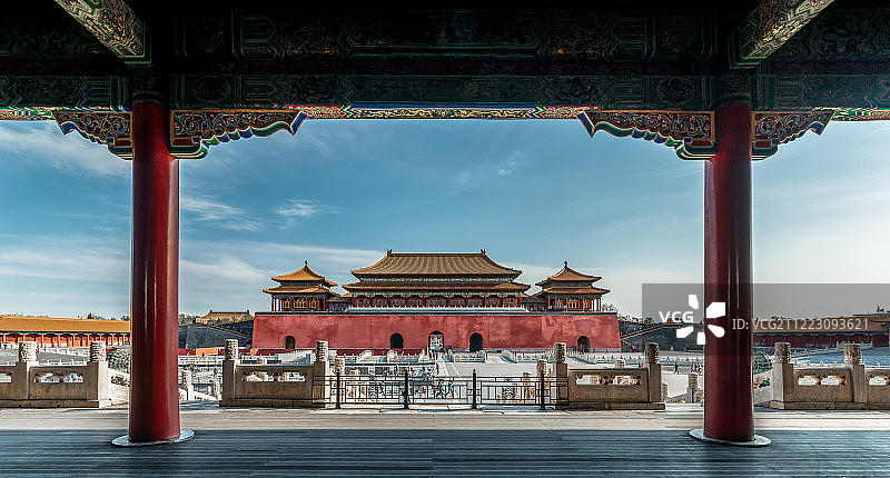 蓝天下的北京故宫太和门大殿与午门城楼图片素材