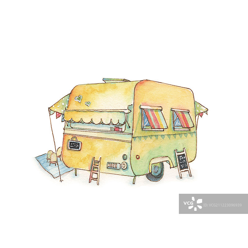 水彩手绘卡通童趣清新黄色卡通童趣可爱餐车旅行巴士房车店铺图片素材